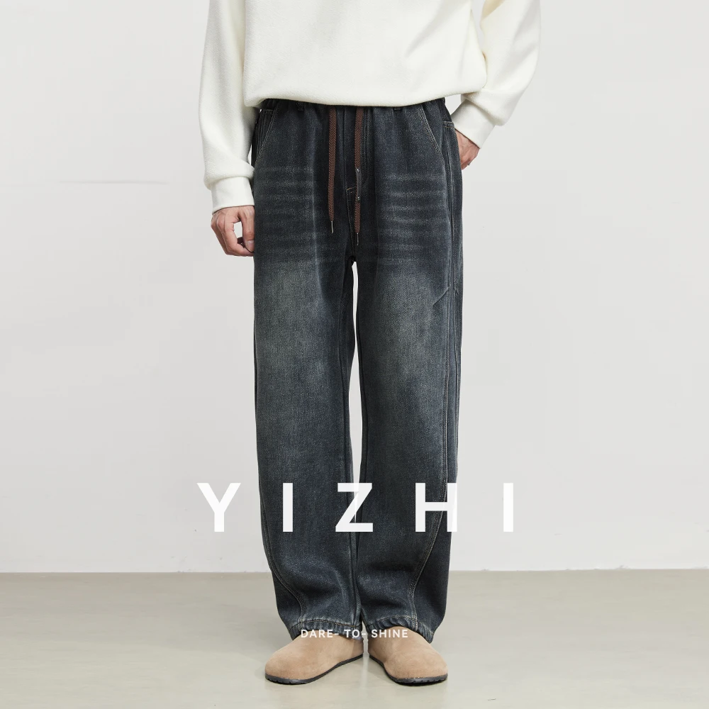 

Fashion Men's Fleece-Lined Warm Retro Jeans 2025 Winter New Trend Elastic Waist Straight Leg Loose Fashion Trousers