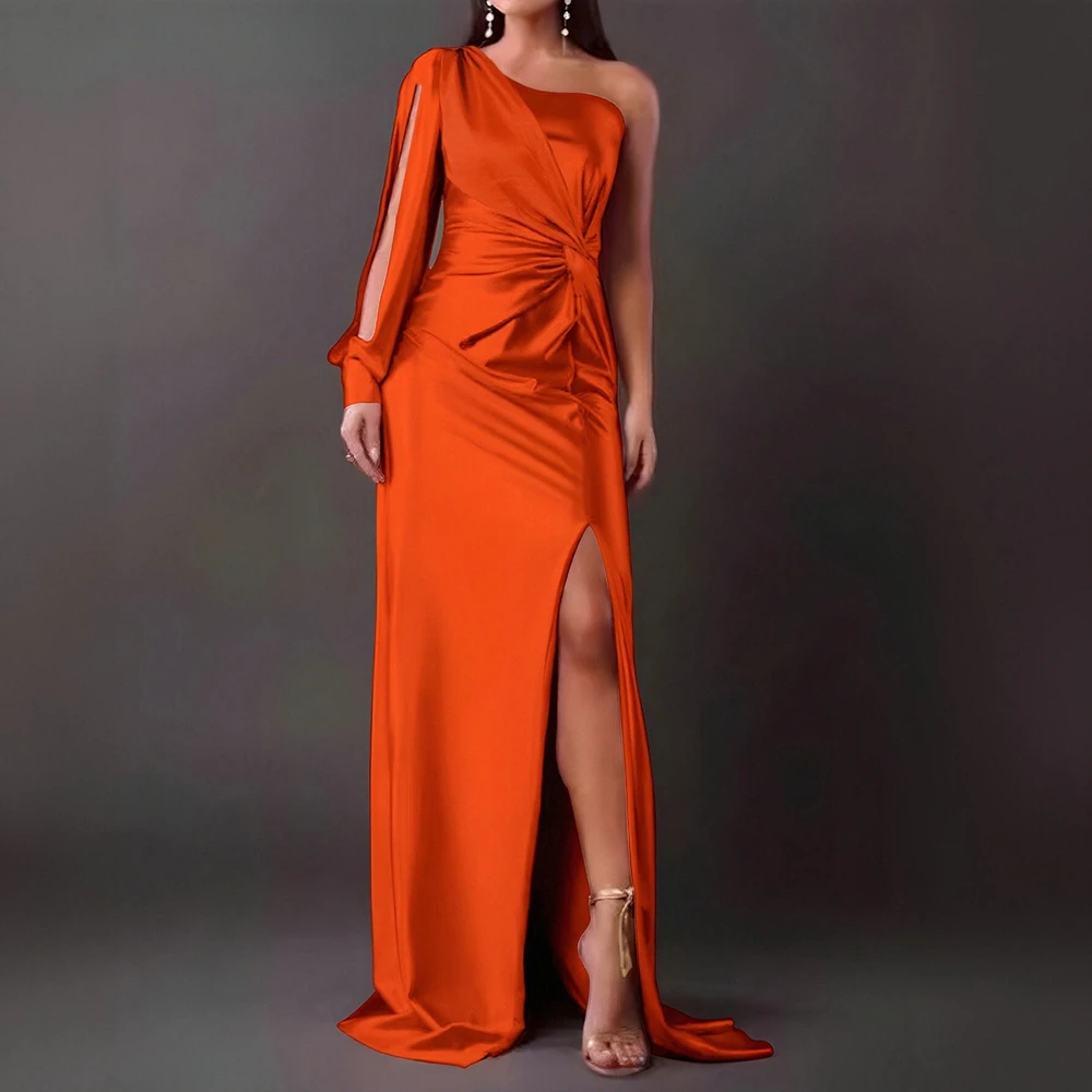 فستان نسائي أنيق بكتف واحد وأكمام طويلة للخريف ثنيات عالية الشق ميدي أساسيات عادية