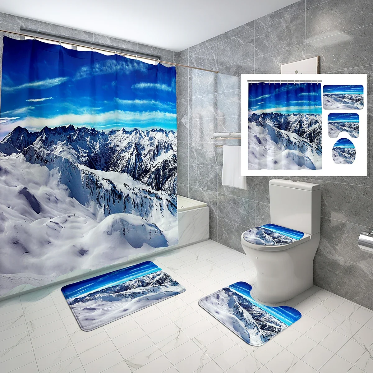 

4 PCS Snow Mountain Shower Curtain Set Snow Covered Winter Mountains Shower Curtain Bathroom Non-Slip Bath Mat Toilet Cover