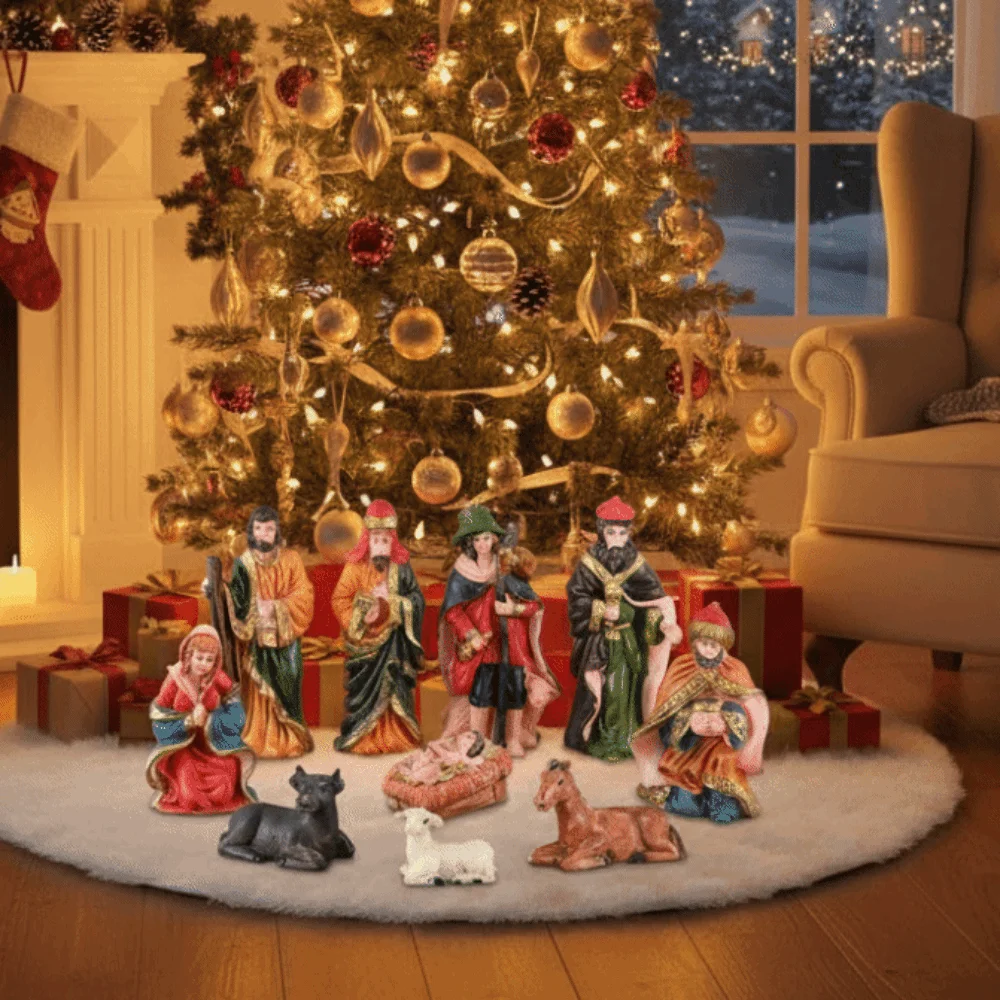 

10Pcs/Set Resin Material Nativity Stable Ornaments Hand Drawn Design Vintage Christmas Manger Scene Tabletop Display