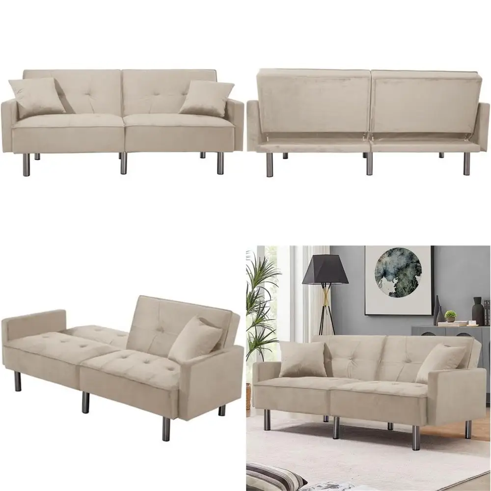 

Modern Velvet Fabric Sofa Bed with Wood Frame, Convertible 80-inch Beige Couch for Living Room