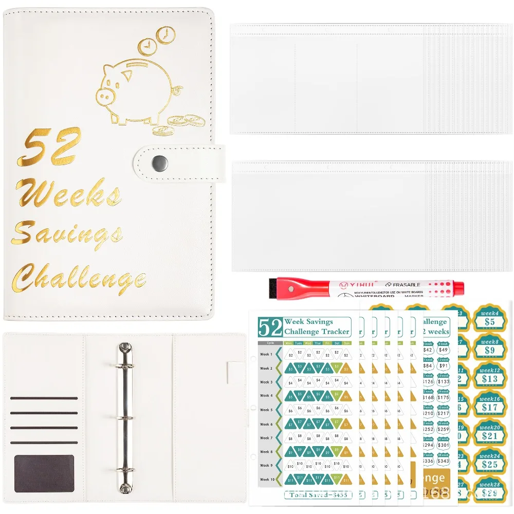 

52 Weeks Envelope Challenge Binder Loose Leaf Waterproof Money Saving Challenge PU Leather Colorful Savings Tracking Sheets