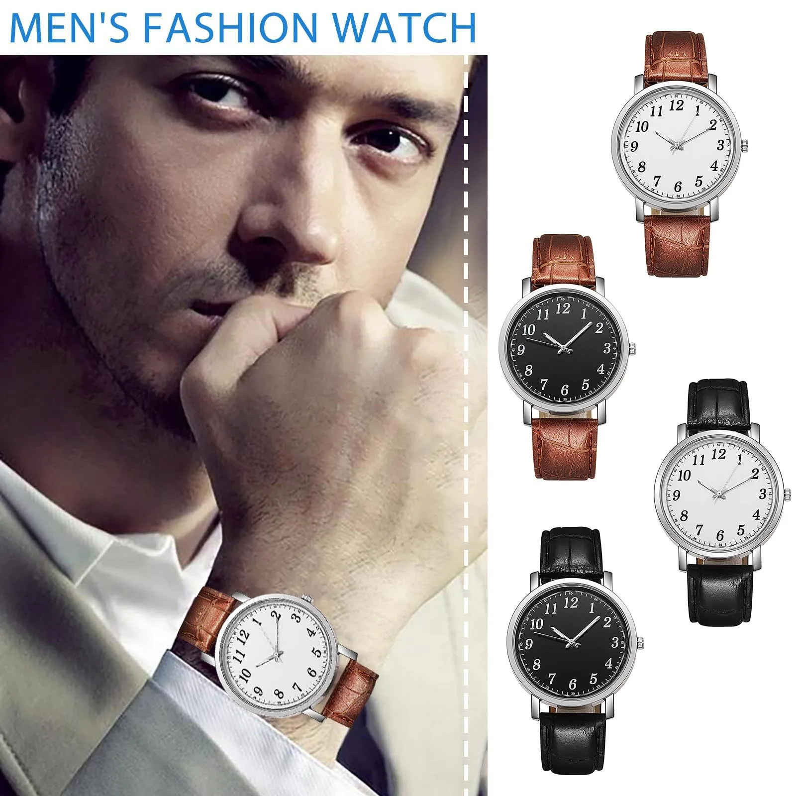 Classic Men's Casual Quartz Watch Brown Leather Strap White Dial Large Numerals Sleek Stylish Fashionable Wristwatch