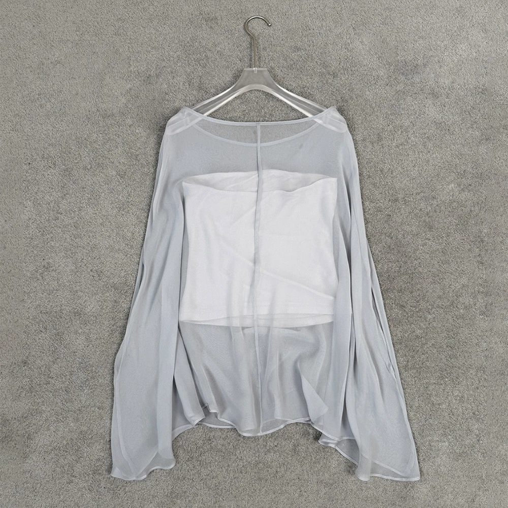 Women 100% Silk Sheer Chiffon Blouse Boat Neck Long Flare Sleeve Loose Irregular Hem See Through Flowy Beach Cover Up Top