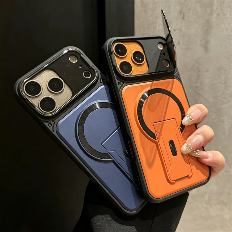 Funda blindada magnética con soporte plegable para iPhone 17 Air 16 15 14 Plus 13 12 11 Pro Max, para Magsafe, con soporte para cámara y protección de lente 5