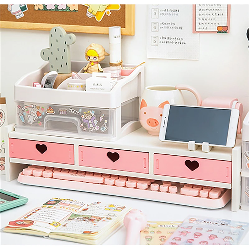 

Pink Heart Drawers Monitor Laptop Increase Rack Organizer Office Desktop Computer Screen Riser Stationery Pen Storage Holder