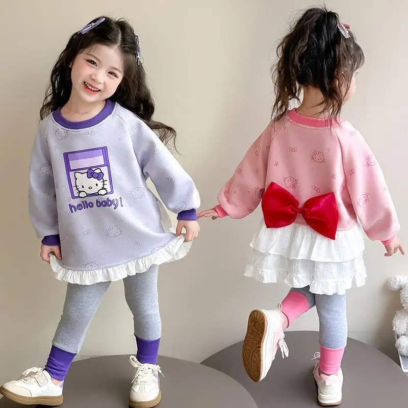 

Sanrio Hello Kitty, пуловер, брюки, комплект из двух предметов, узкие брюки для девочек, топы, детская весенне-осенняя кавайная модная новая повседневная одежда
