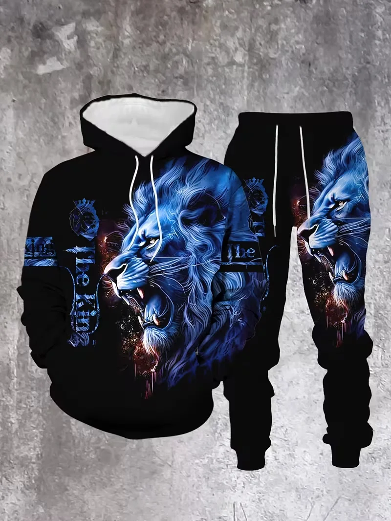 Conjunto de sudaderas con capucha 3D con estampado de león para hombre, estilo casual urbano, ideal para el día a día, fiestas al aire libre, vacaciones, conjunto de chándal de manga larga.