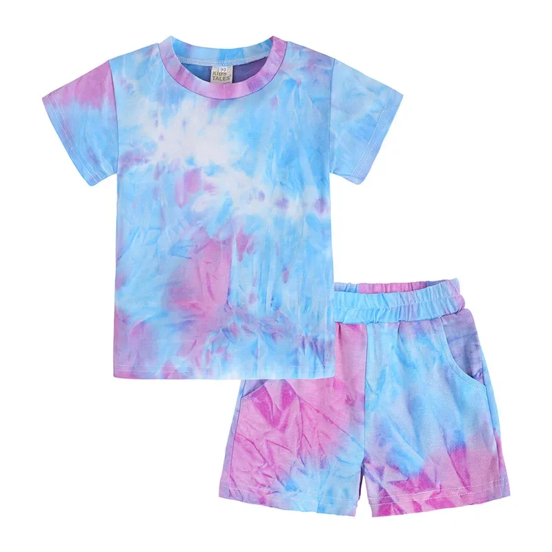 2 Pcs Boys Girls Clothes Summer Tie Dye Kids Baby Outfit Sets Sport T-Shirt And Shorts Set Kids Children Casual Fashion Suit