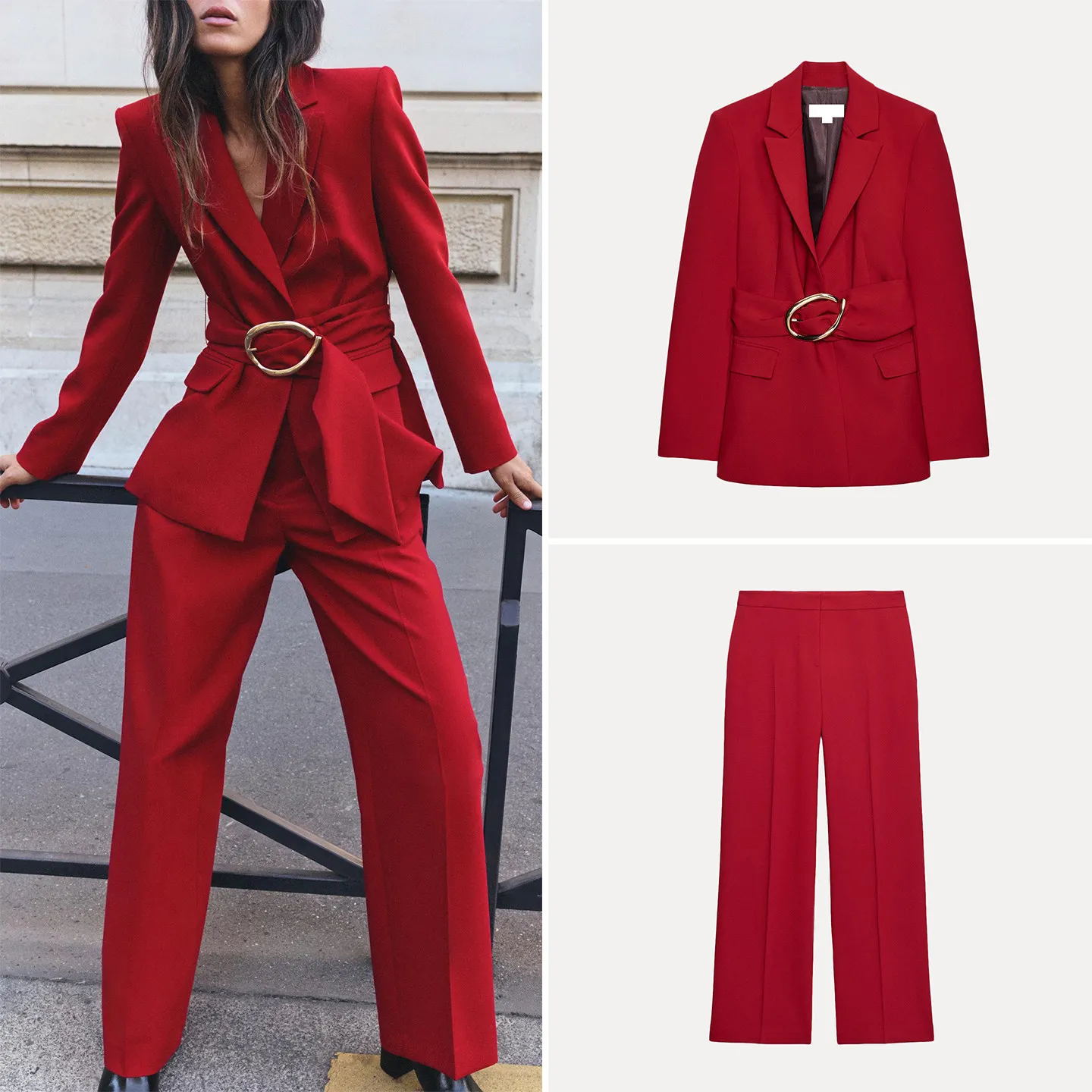 ZADATA Women's Fashion Suit Set with Shoulder Pads Lapel Collar Belted Waist Wide Leg Pants Autumn Collection 2026