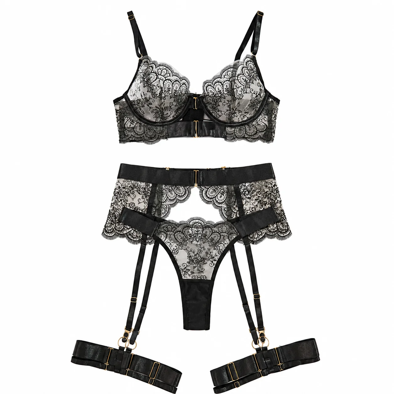 

Luxury Black Flower Embroidery Lingerie 4 Pcs Sets Fancy Mesh Transparent Metal Buckle Bra And Thong Garter Erotic Set