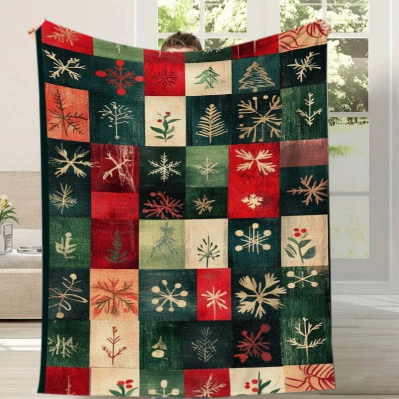 Vintage Patchwork Snowflake Pine Print Throw Blanket Living Room Lounge Guest Den Soft Blanket Bedroom Christmas Gifts