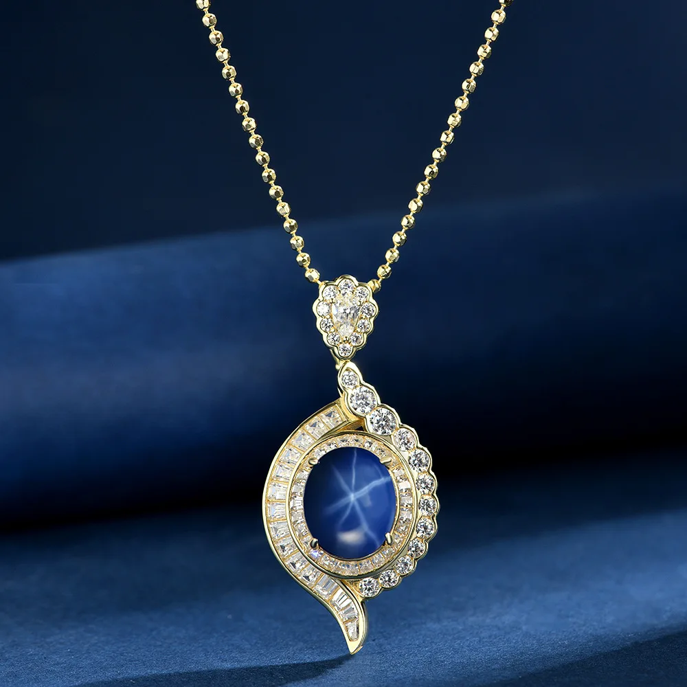 

New S925 Silver Egg Noodles 10 * 12 Starlight Stone Blue Treasure Pendant Encircled Necklace [Single Pendant] Wedding Jewelry