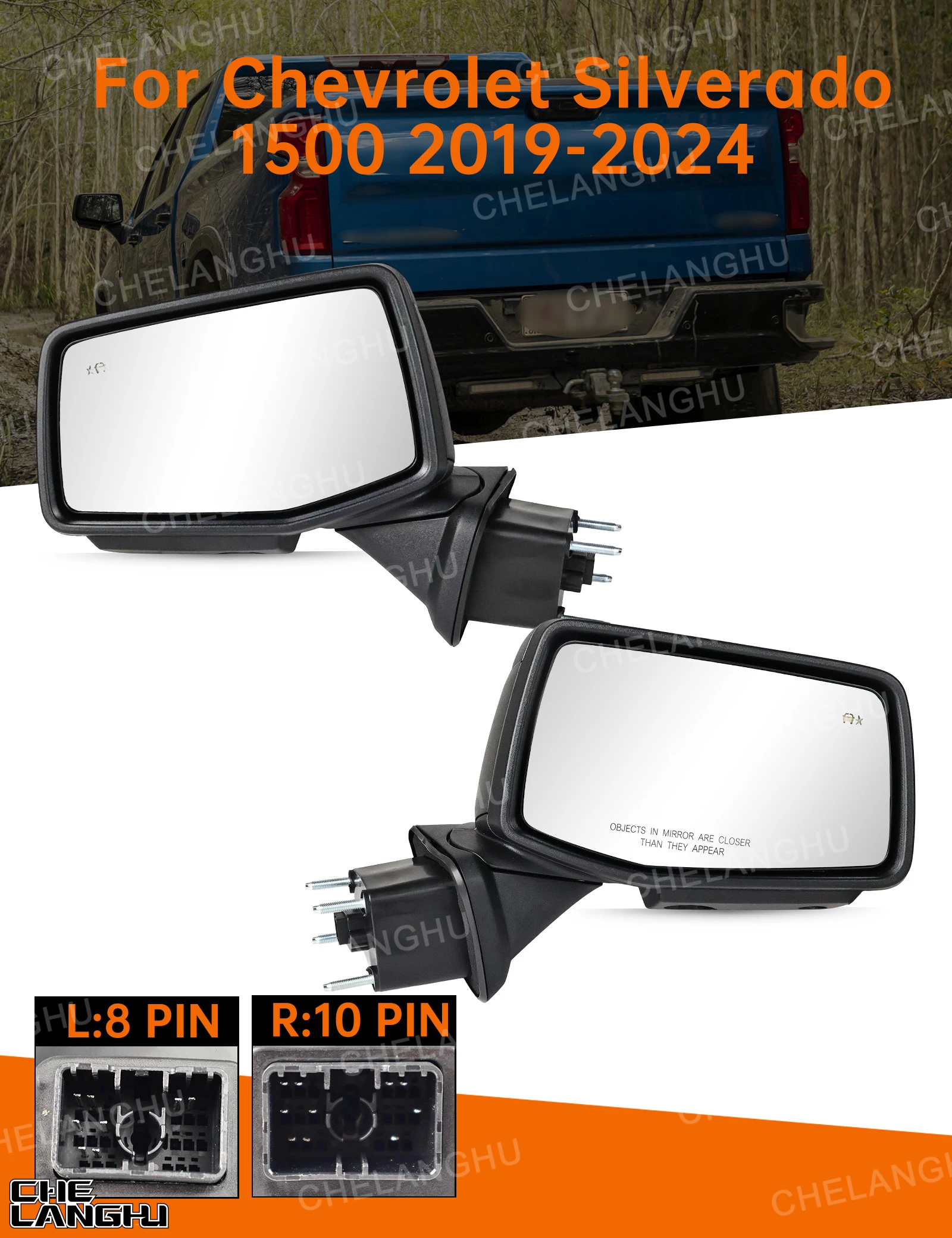 For Chevrolet Silverado 1500 2019 2020 2021 2022 2023 2024 8/10 Pin Satin Black Mirror Assembly Blind Spot Temperature Sensor