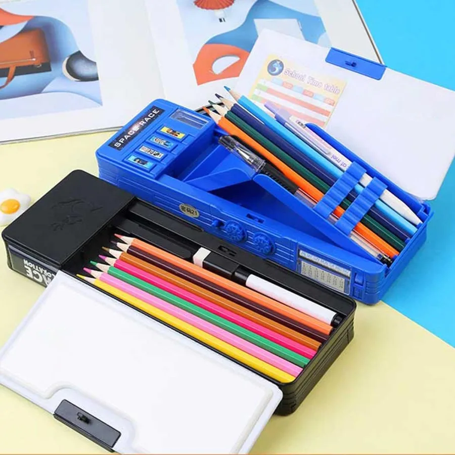 Pop Up Multifunction Pencil Case with Cute Cartoon Design for and Teens: Features Password Lock Built-in Sharpener Daily Schedu