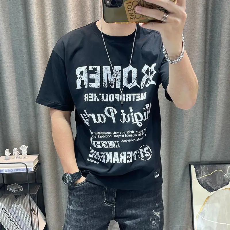 Fashion O-Neck Short Sleeve Printed Letter T-Shirt Men\'s Clothing 2023 Summer New Oversized Casual Pullovers Korean Tee Shirt