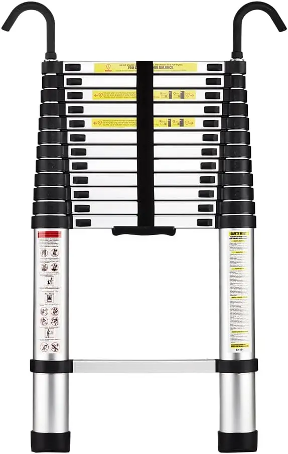 Escalera Telescópica de 3,8m de Aluminio, Plegable, Reposabrazos Extraíble, Multifunción Portátil Plegable Extensible, Carga Máxima de 150 kg