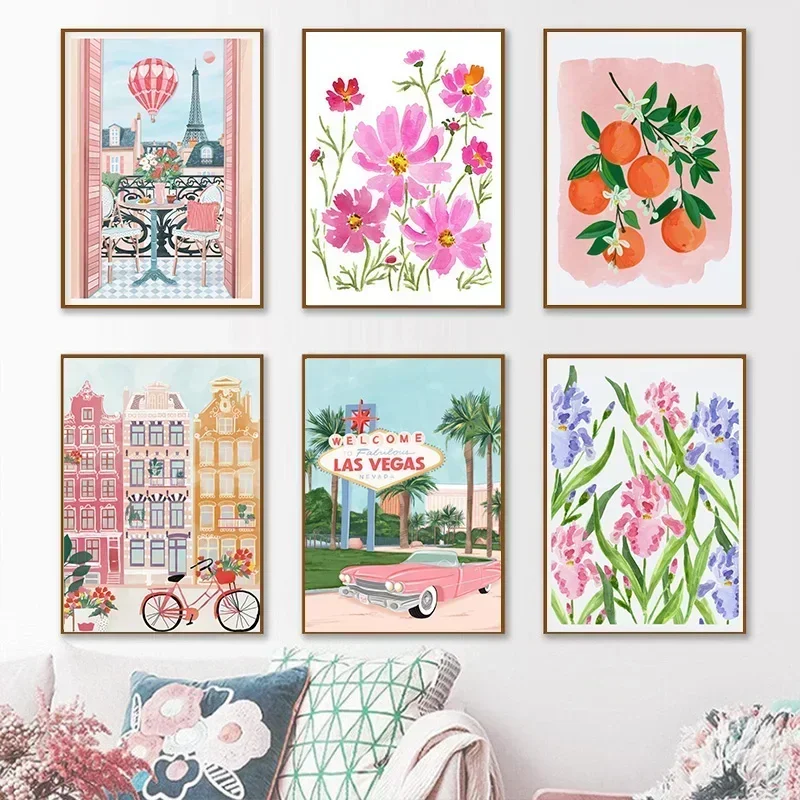 Minimalist Canvas Posters City Bookstore Coffee House Landscape Canvas Painting Pink Flower Aesthetic Wall Art Home Room Deco