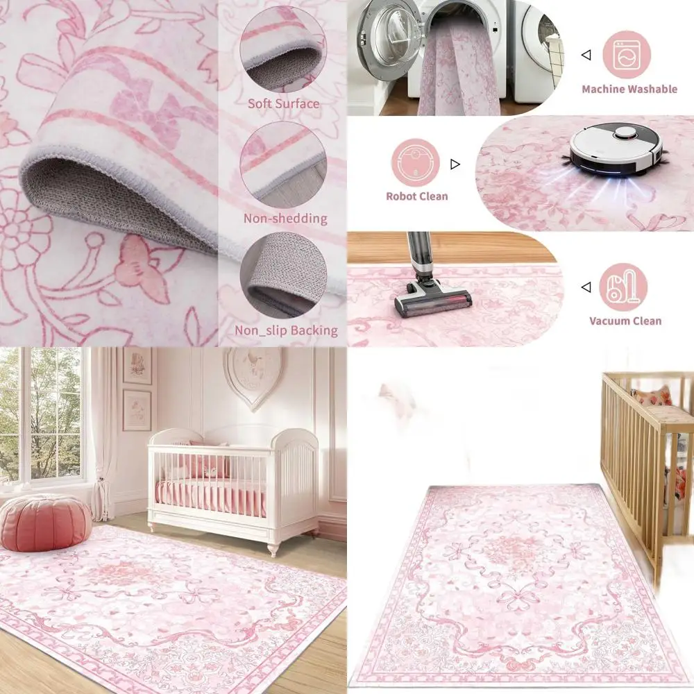 

Мягкий ковер с низким ворсом и розовым бантом, 5x7 футов, для детской, игровой комнаты, гостиной, моющийся, для детей, для студенческих общежитий