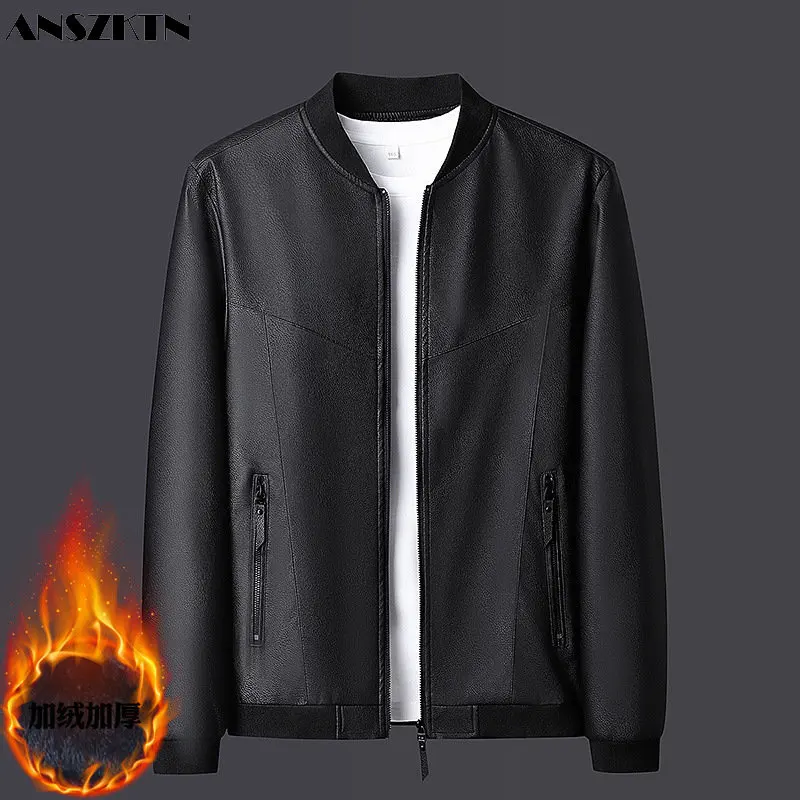 

ANSZKTN2022 winter new large size leather jacket men's slim fit plush thick zipper leather jacket men's leather coat