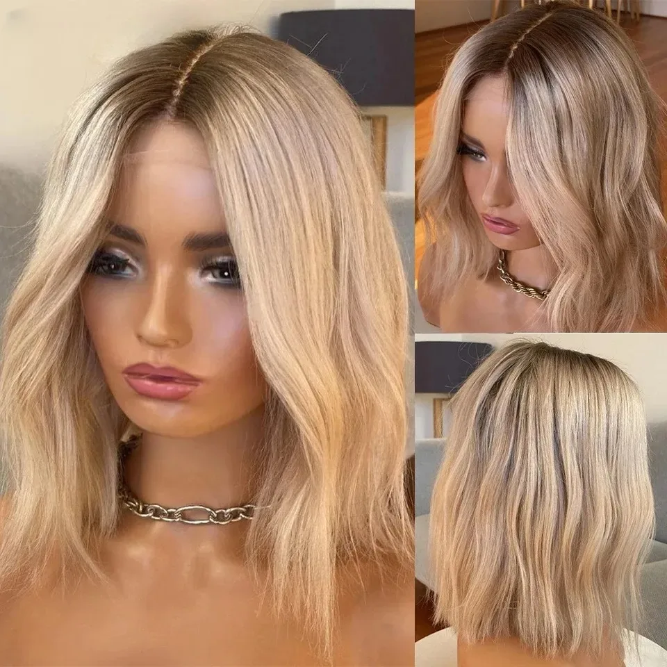 الرماد شقراء ملونة قصيرة الدانتيل شعر مستعار أمامي للنساء موجة طبيعية البرازيلي شعر مستعار اصطناعي Preplucked HD شفافة