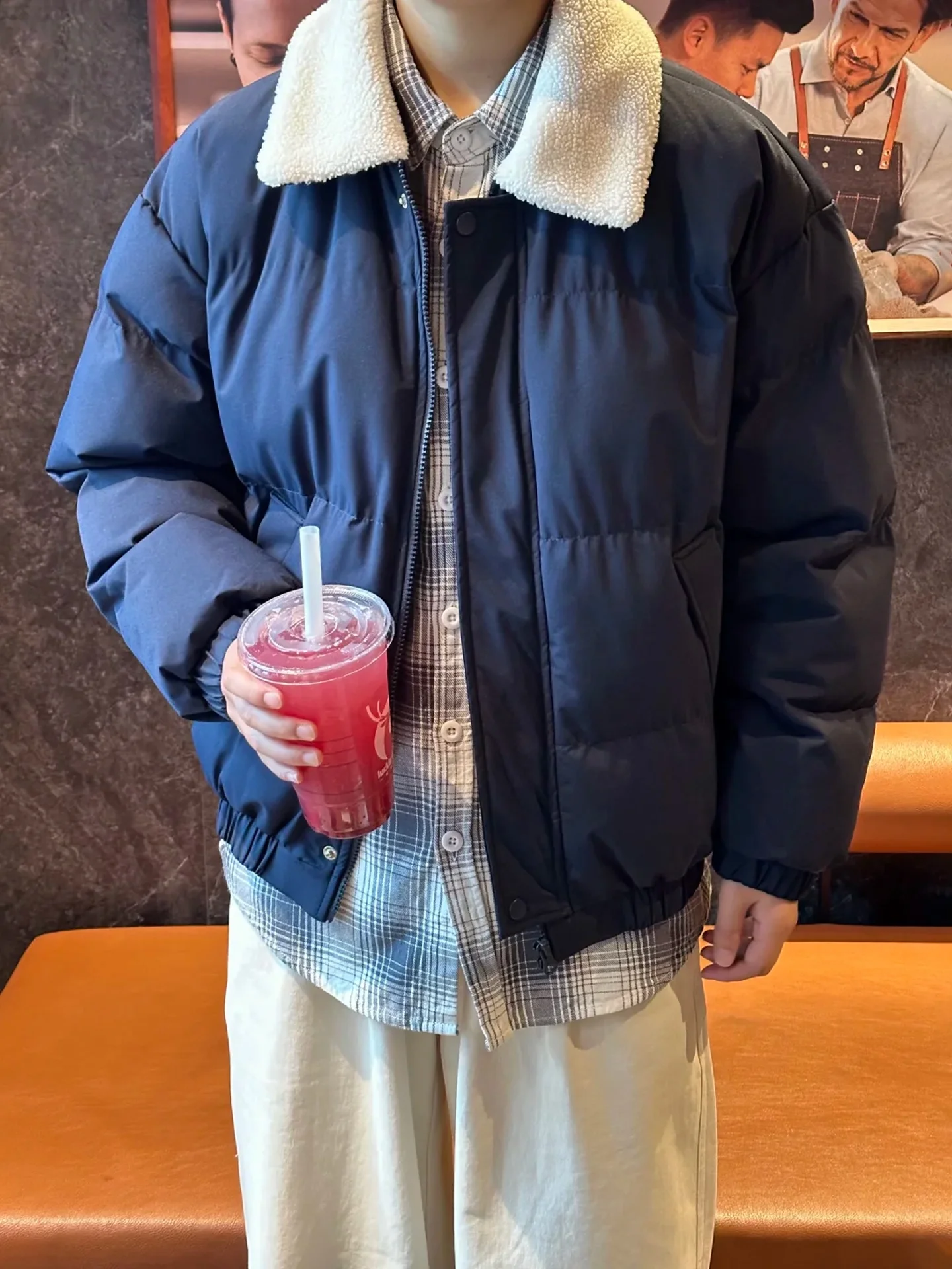 

Cobalt Blue Men's Cotton Jaet Lamb Fur Collar ort Sle Stand Collar Winter Warmth Thiened Casual Pure Color Zipper