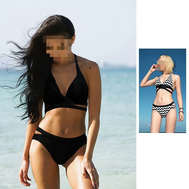 ripple neck three-point hot spring bikini Internet celebrities lace up sexy beautiful back small chest gathering swimsuit women