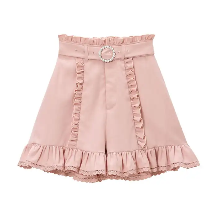 Japanese rojita Pleated Shorts Ruffled Heart-Shaped Belt High Waist Short Pants 2023 Spring Summer New Sweet Lolita Hot Pants