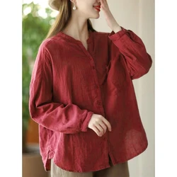 Spring New Round Neck Fashion Long Sleeve Shirt Women Solid Color Pure Cotton Button Pockets Cardigan Loose Comfortable Tops