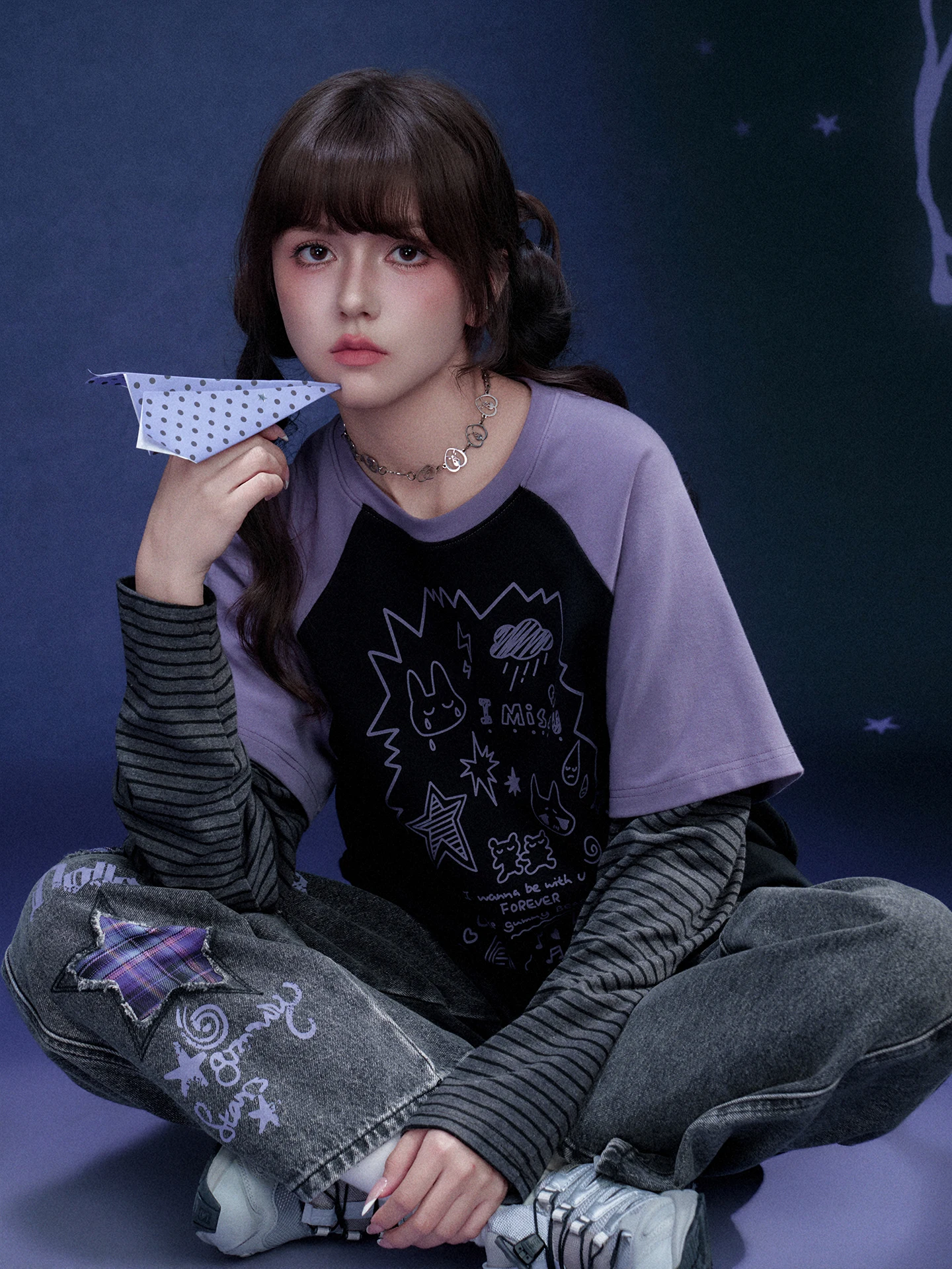 

Футболка SagiDolls fiti с принтом, свободного кроя, имитация двухслойности, повседневная, из хлопка, с длинными рукавами, круглым вырезом, весенний модный топ для девочек