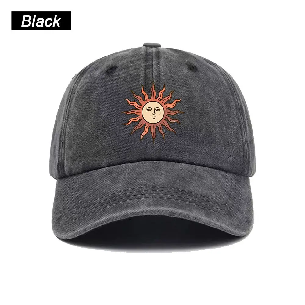 Vintage Washed Baseball Cap Tarot Sun Face Medieval Sun God Print Graphic Unisex Streetwear Casual Trucker Style Cotton Hat