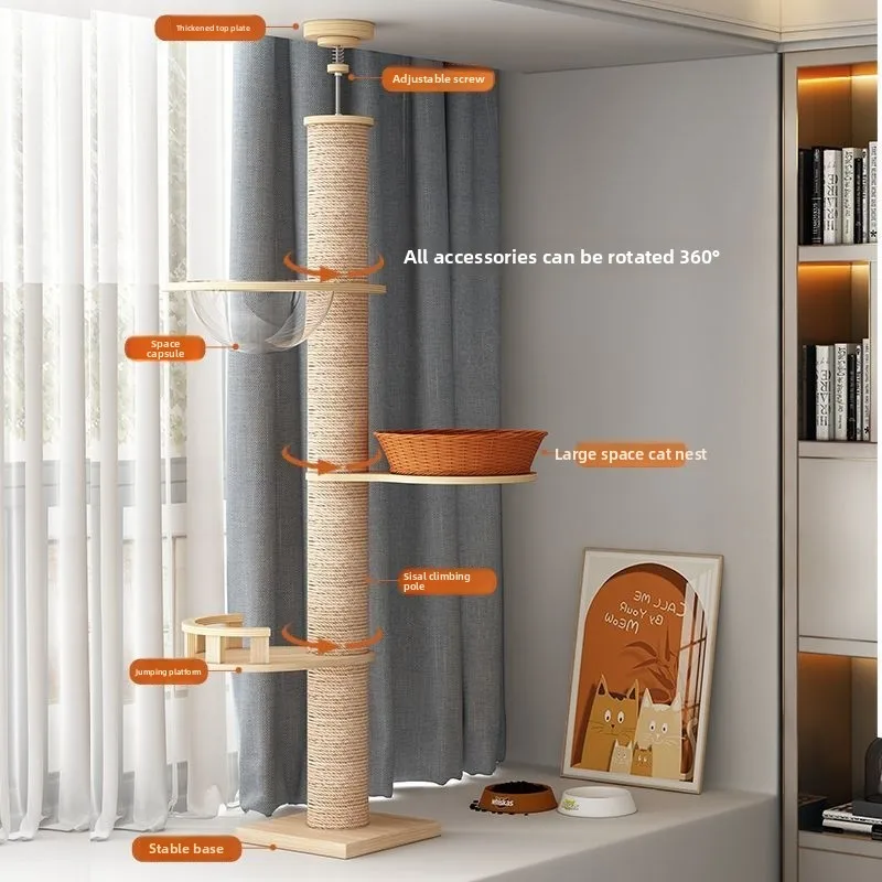 Solid Wood Space Capsule Cat Tree Tower Window Perch Compact Living Large Solid Wood Cat Tree House Space Saving Cat Furniture