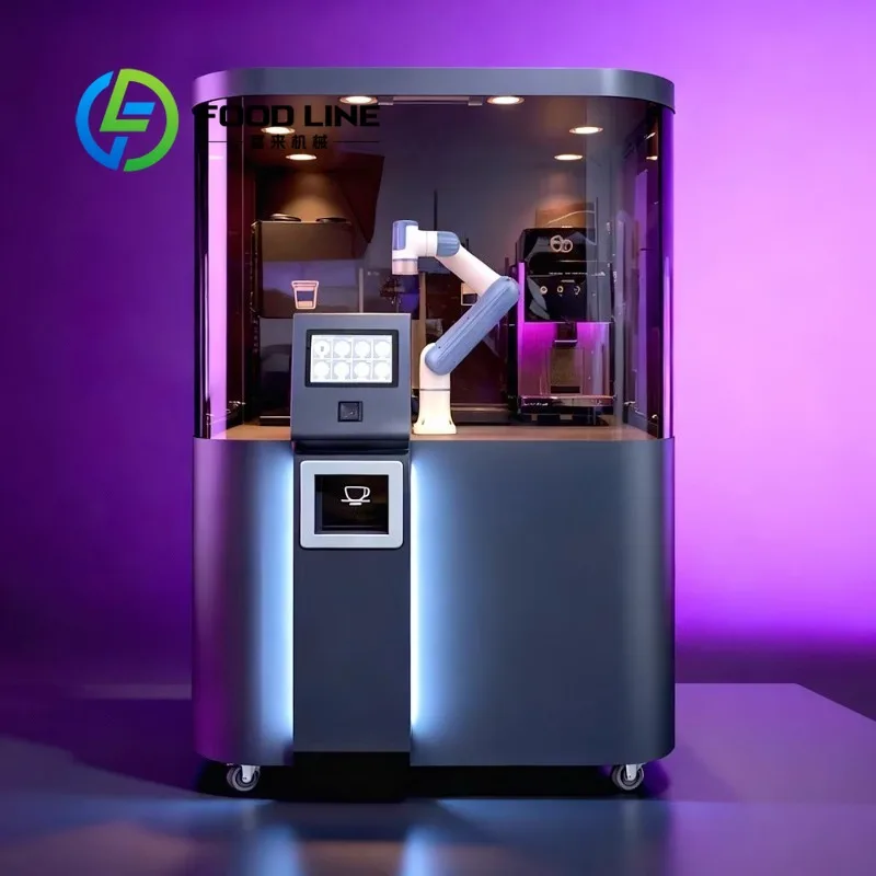 Clear View Robotic Coffee Vending Kiosk Robotic Arm Operation For Attracting Customers Attention In High Traffic Area