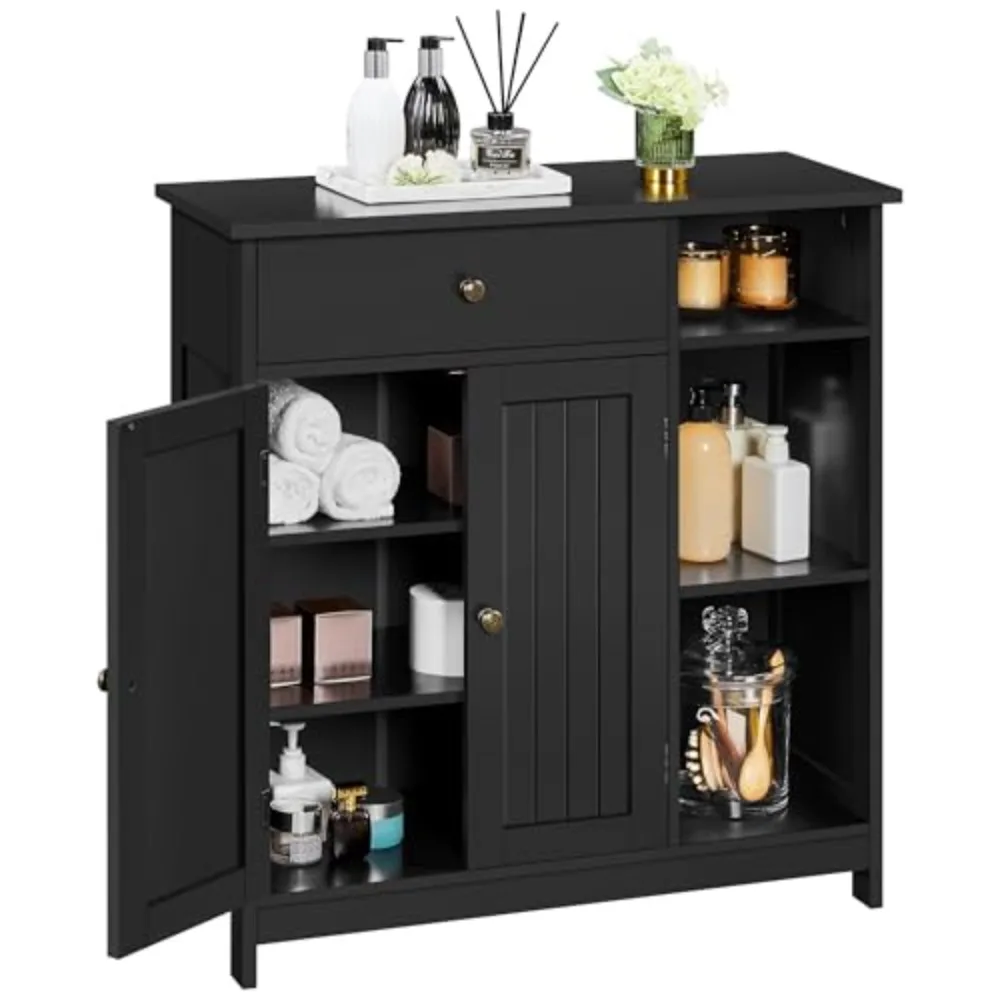 Bathroom Storage Cabinet with Drawer and 2 Beadboard Doors, Black | Freestanding Floor Cabinet for Towels and