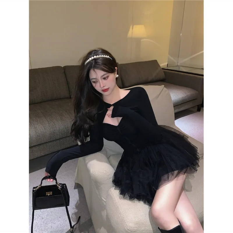 Sukienka damska czarna bufiaste krótkie spódniczki jesień nowy francuski styl sukienka z siateczki spódnica księżniczki