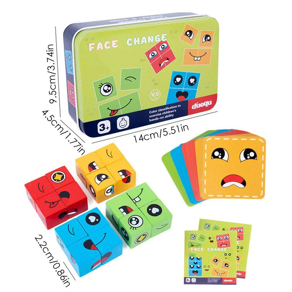 Face Changing Building Blocks Cartoon Cube Board Game Wooden Puzzle Montessori Toy Anxiety Stress Relief Toys For Children Kids