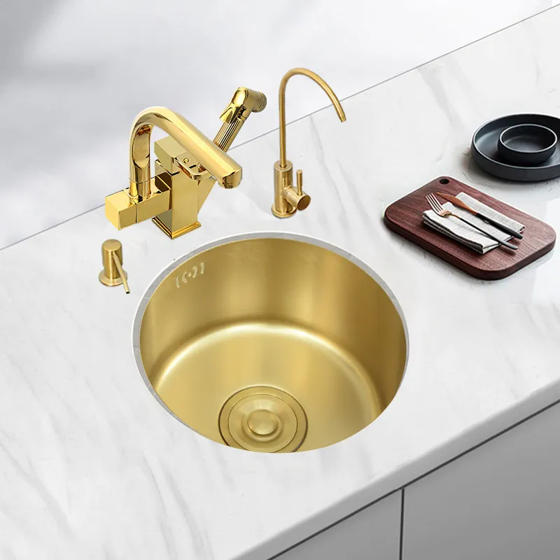

Golden round sink island kitchen 304 stainless steel dishwashing basin pool