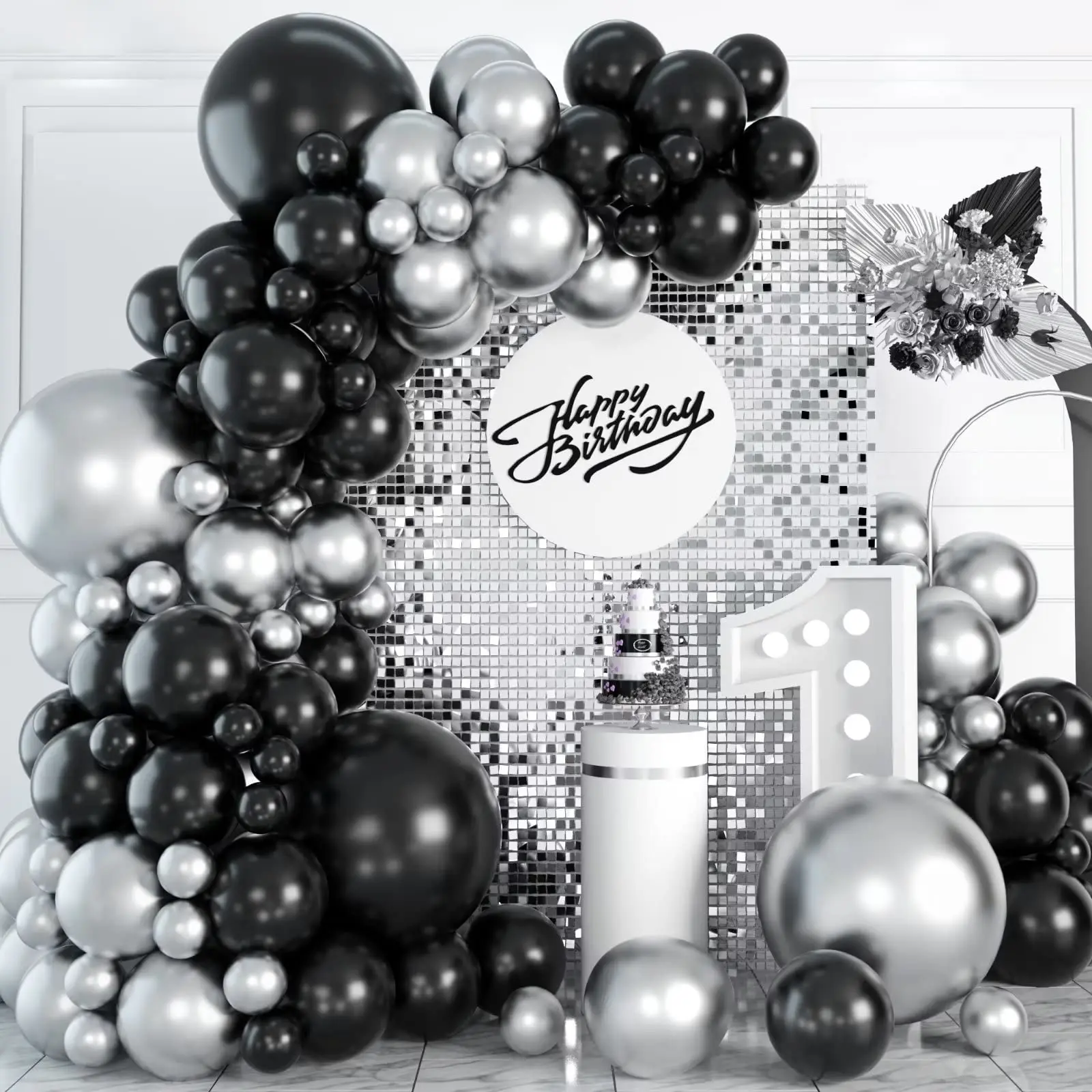 103Pcs Chrome Metallic Silver Black Latex Balloon Garland Arch Kit for Wedding Bridal Birthday Graduation Party Decoration