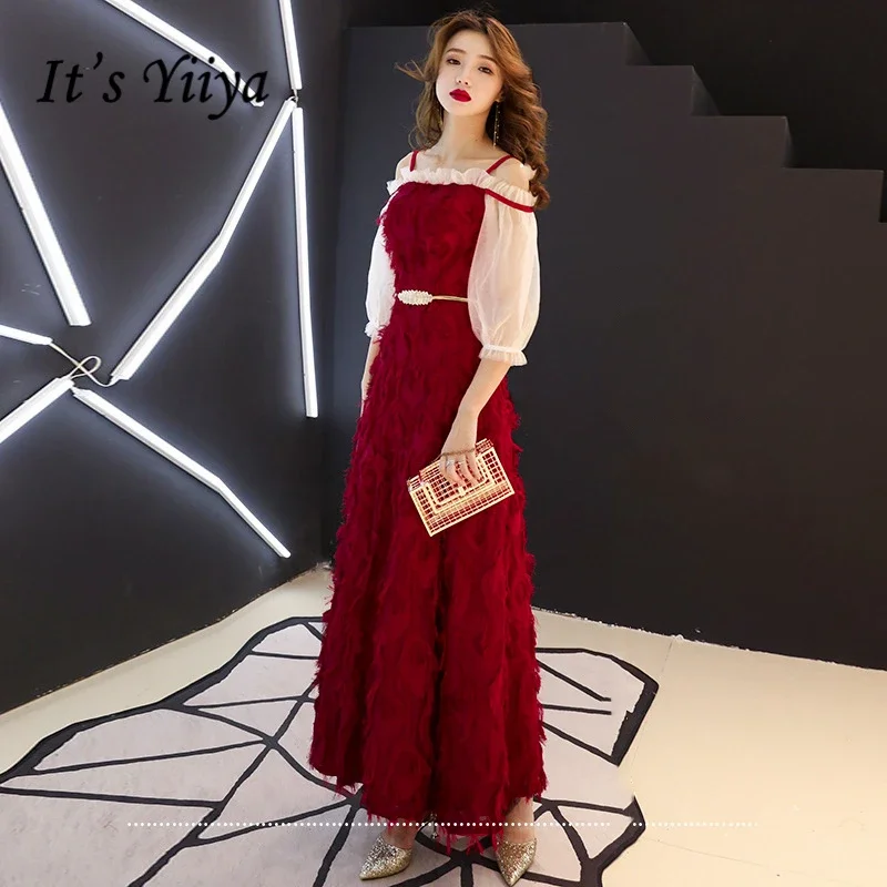 

It's YiiYa Customized Evening Dress Wine Red Off the Shoulder Zipper A-line Floor Length Plus size Woman Party Formal Gown E340