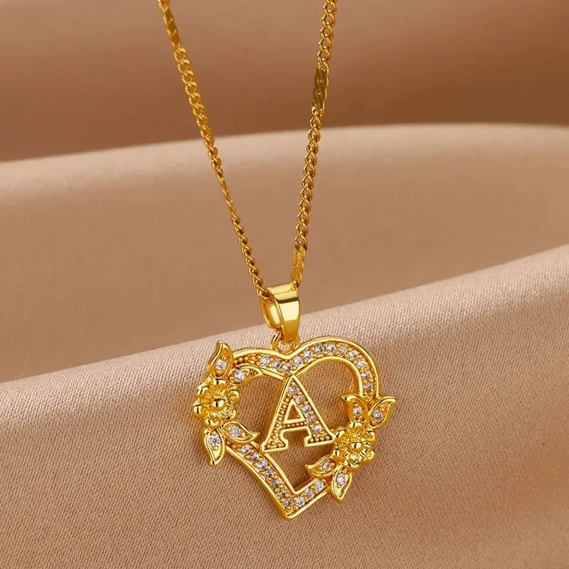 Zircon Flower Initials Necklaces For Women Stainless Steel Heart Gold Color Letter Chain Collar 2024 New Trend Wedding Jewelry