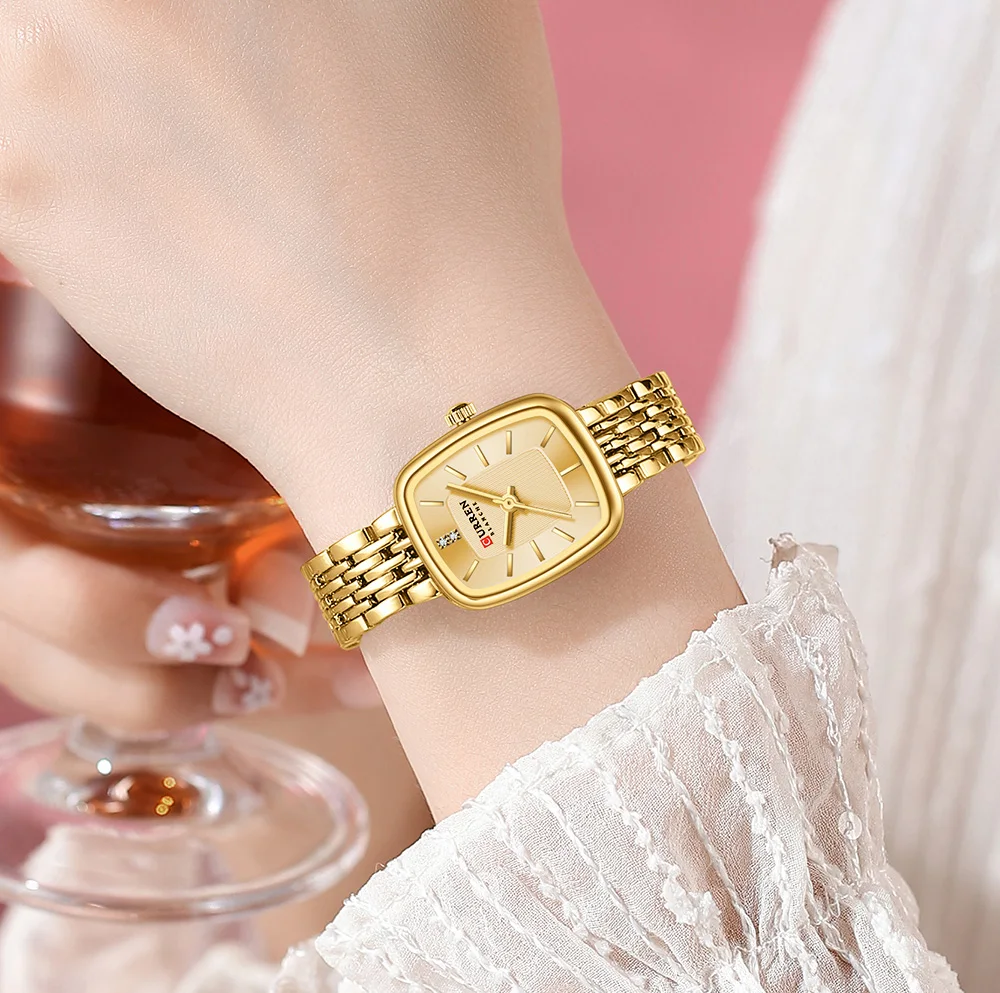 Curren 9093 Damen-Quarzuhr, wasserdicht, luxuriös, Party-Damenuhr, elegantes goldenes rechteckiges Zifferblatt, Quarzuhr, Armband, Geschenk – Detail 11