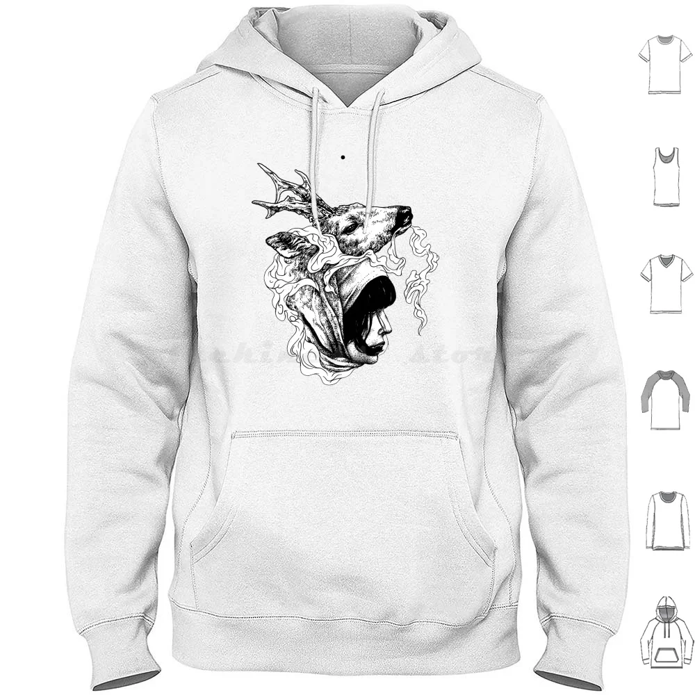 Beauty And Deer Hoodies Long Sleeve Graphic Design Balck And White Girl Deer Nature Dot Work Ink On Paper Tattoo Beauty