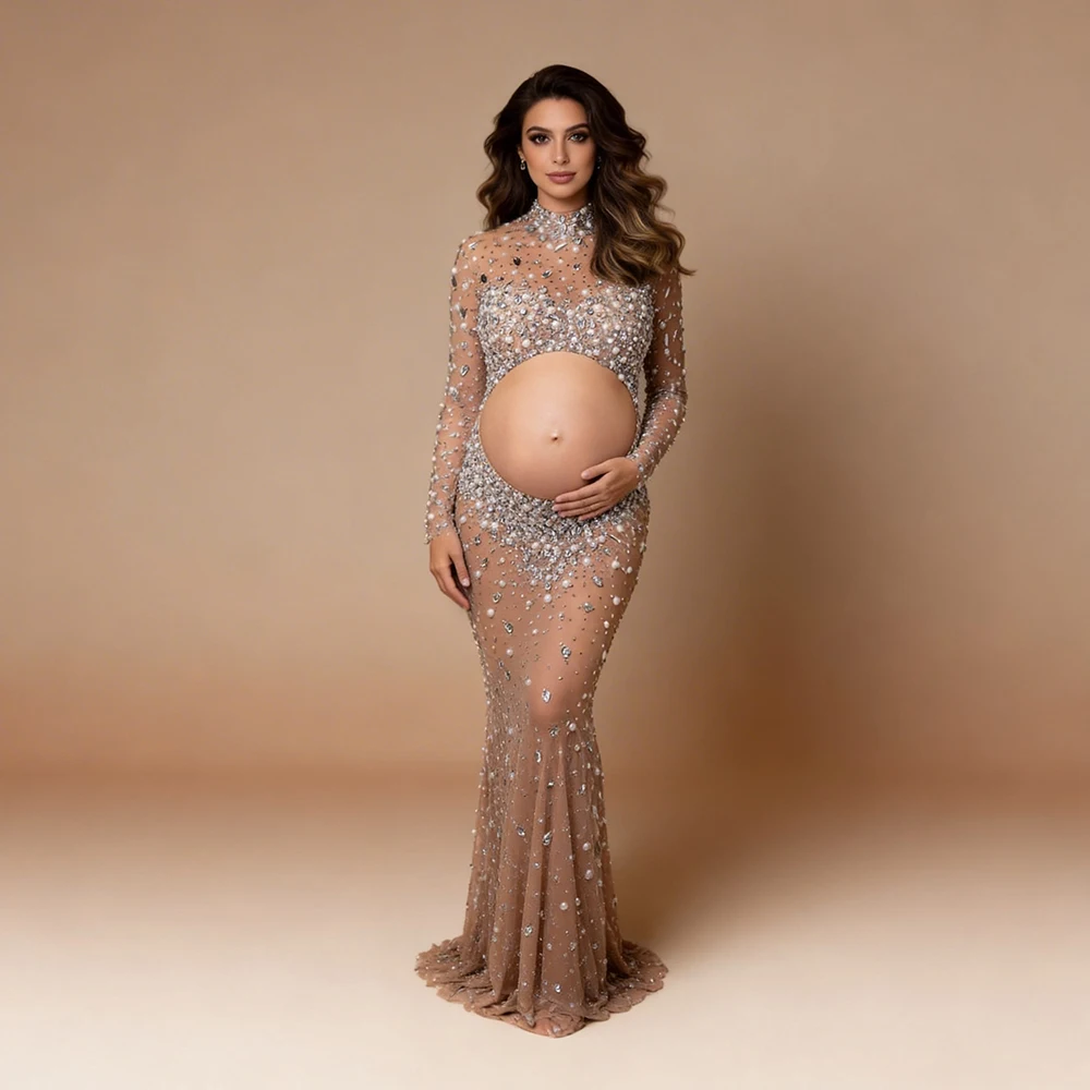 

Elegant Maternity Dress Luxury Beaded High Neck Long Sleeve Mermaid Baby Shower Outfit for Pregnant Ladies YW2026030302D