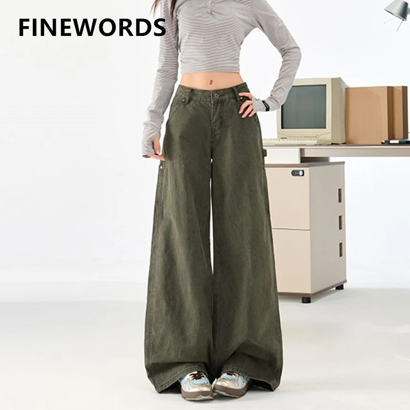 

FINEWORDS Retro Washed Low Waist Jeans Women Wide Leg Korean Jeans Streetwear Easymatch Harajuku Full Length Baggy Jeans
