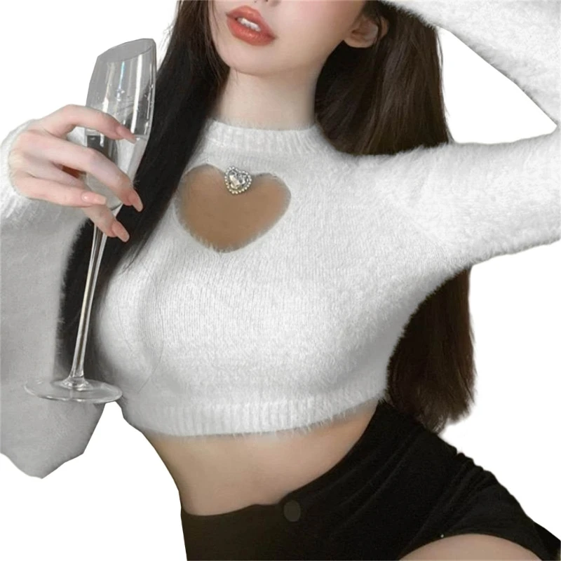 Women\'s Knitted Pullover Sweater Sexy Hollow Heart Cropped Sweater Jumper Tops 066C