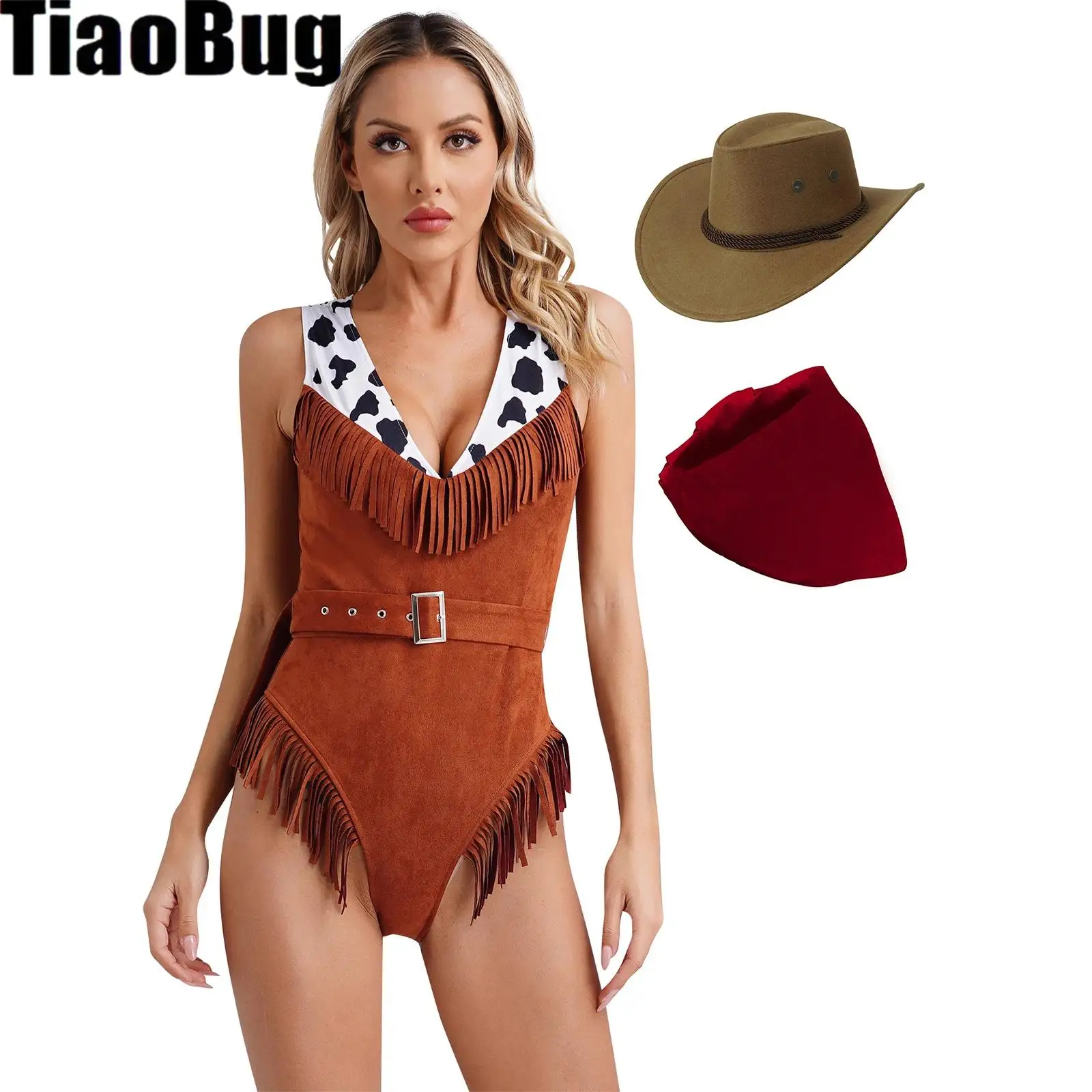 

Womens Cowgirl Costume Set Western Crazy Tassel Cosplay Costume V Neck Jumpsuit with Belt Print Bandanna Drawstring Cowboy Hat