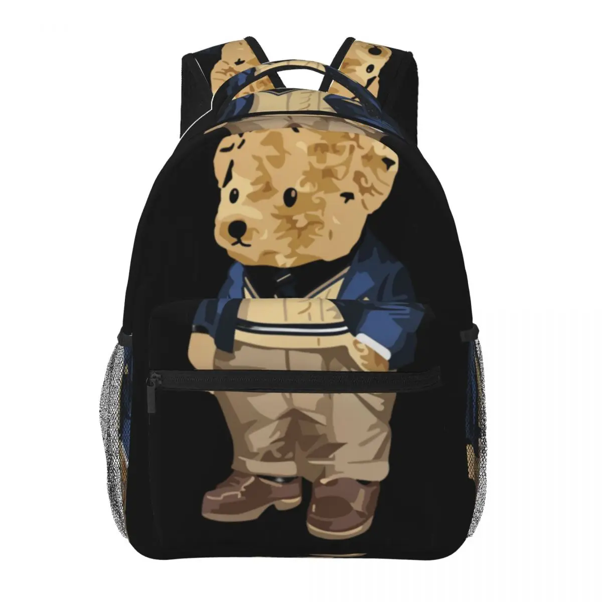 Aesthetic School Backpack Center Preppy Teddy Bear Vintage Collegiate Prep Navy Blue Khaki Brown W Lightweight Daypack Primary