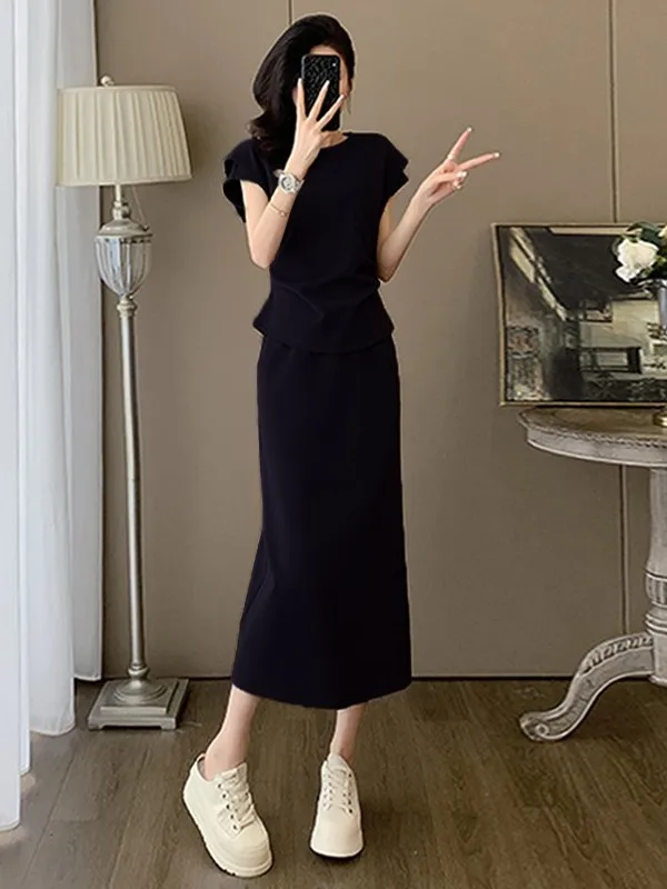 

Fashionable Sporty Anti-Aging Set Dress for Women Summer New Purple round Neck Short Sleeve Top Half-length Skirt Two-piece Set