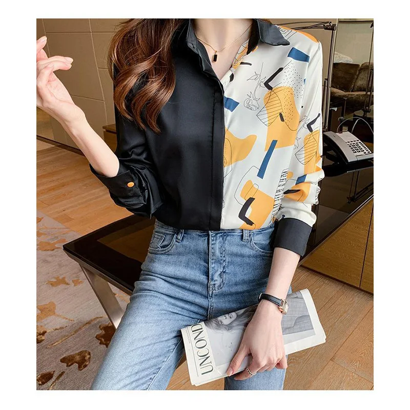 Ladies Spring Summer Fashion Simplicity Button Printing Color Blocking Polo Collar Women Shirts Office Lady Trend Long Sleeve To