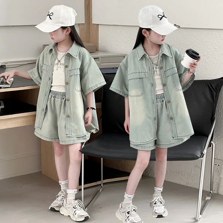 

Летний комплект для девочек 4-14 лет: джинсовая рубашка с коротким рукавом + шорты, двухкомпонентный костюм для подростков, детская одежда, наборы для девочек.